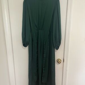 PINUPART Womens Dress Draped Elegant Large Empire Waist Long Sleeve Midi Satin
